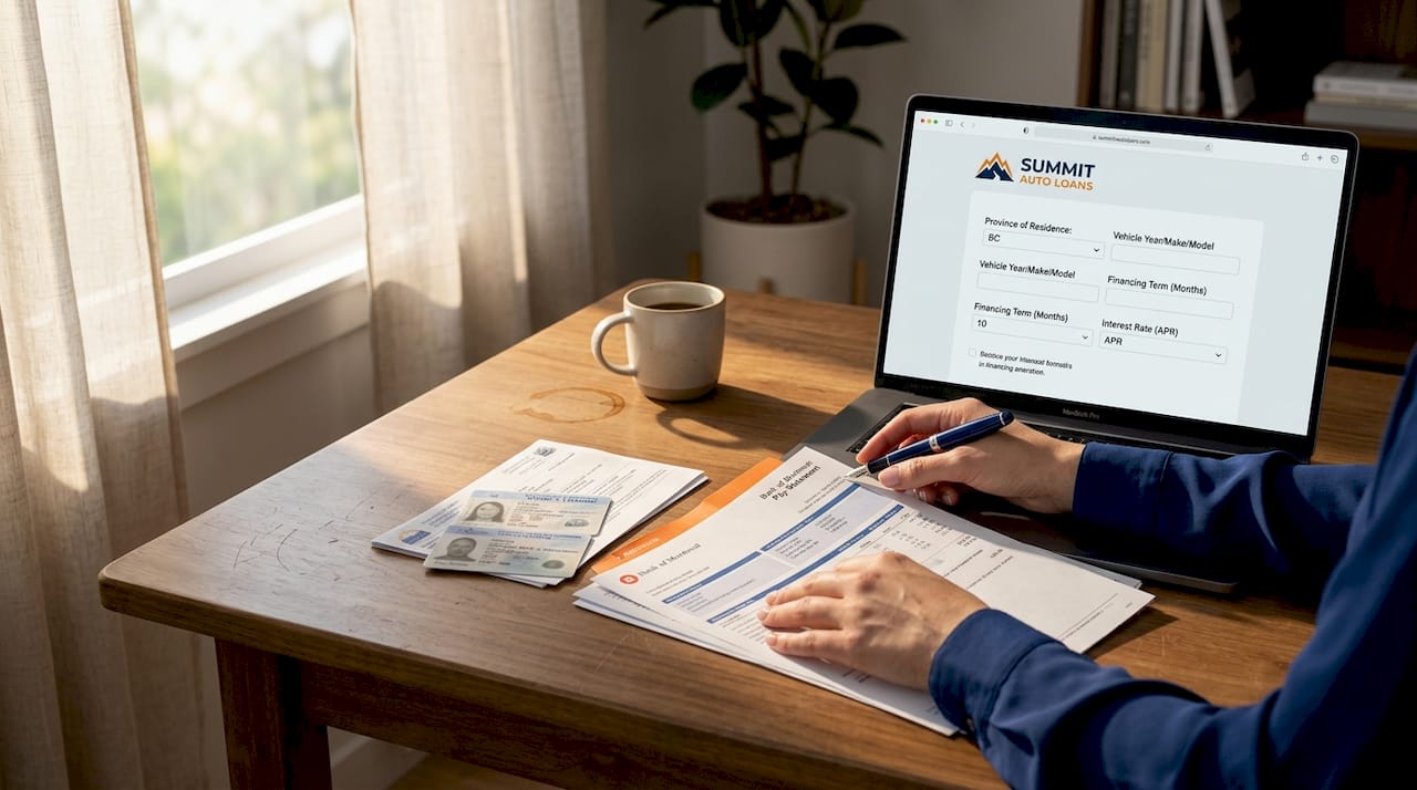 Person organizing vehicle financing documents on a desk