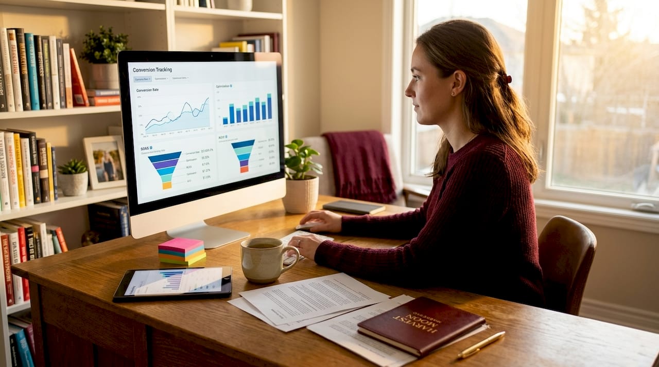 Marketing analyst reviewing tracking data at desk