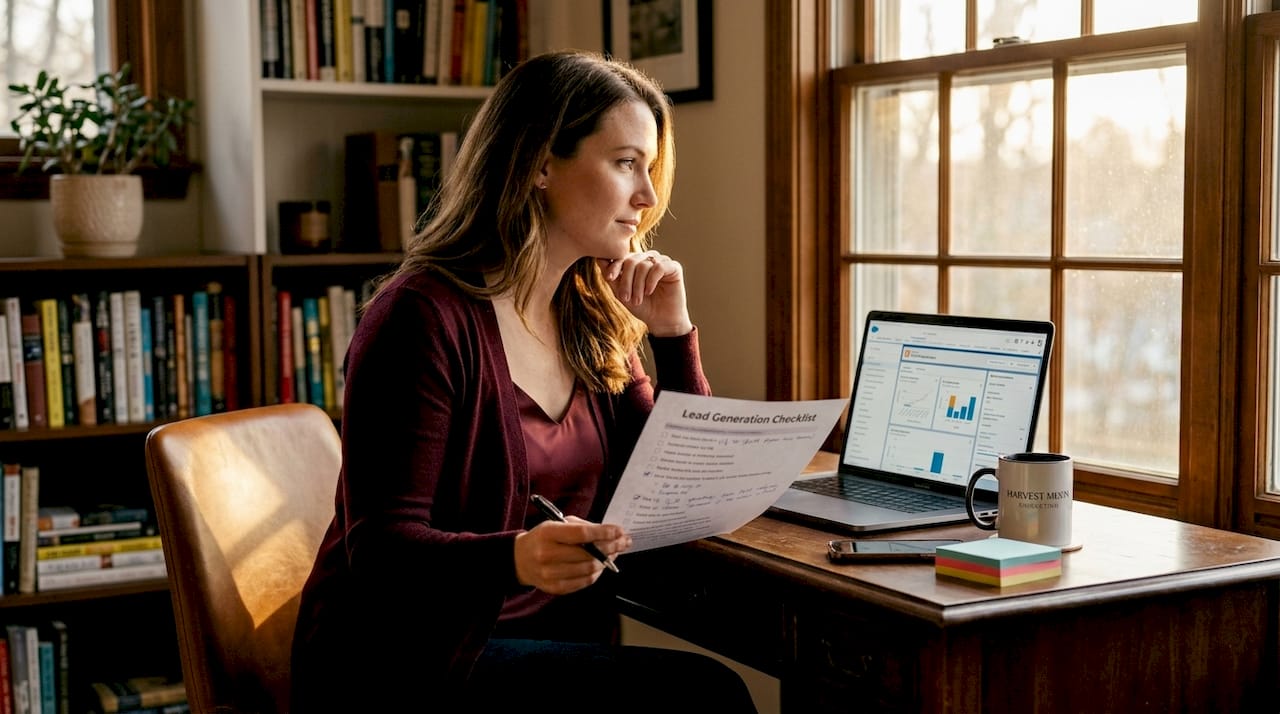 Business owner reviewing lead checklist at desk
