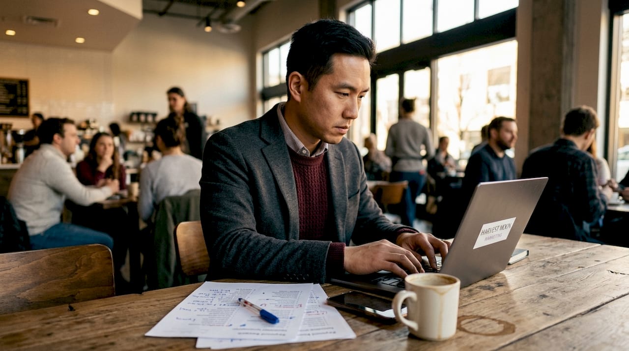 Man working on search advertising campaign at desk
