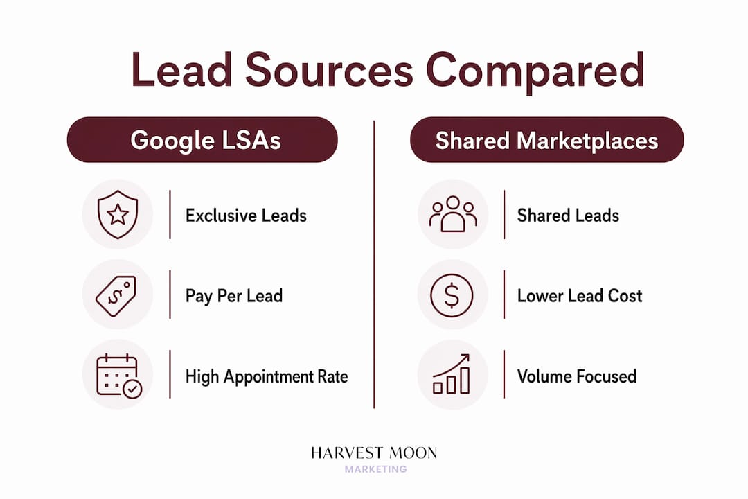 Infographic comparing Google LSAs and shared lead marketplaces