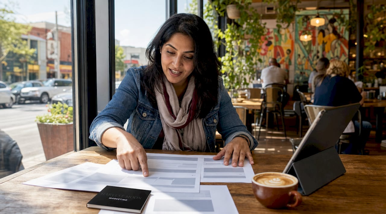 Marketing professional reviewing landing page layout printouts