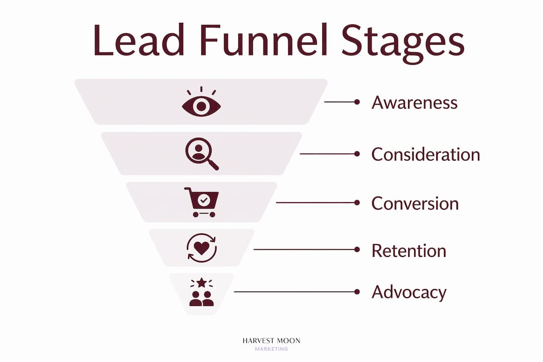 Infographic illustrating lead funnel stages from awareness to advocacy