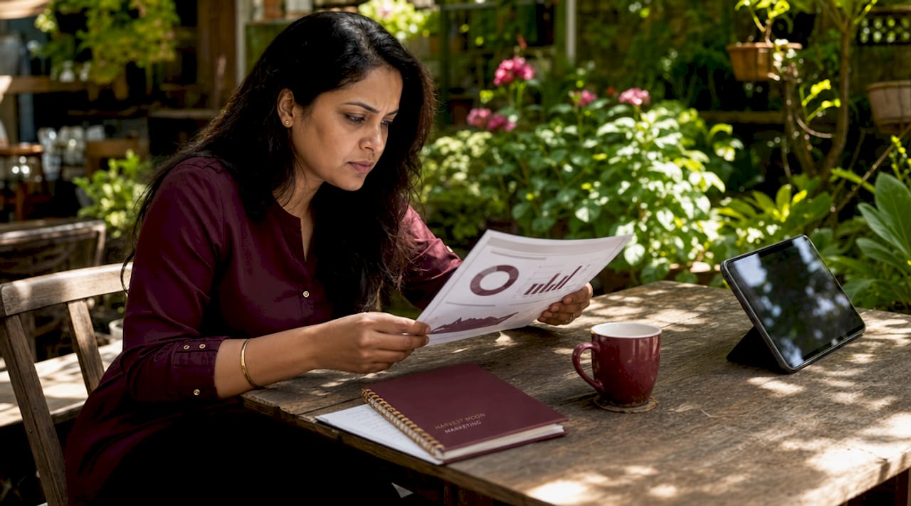 Woman reviewing PPC campaign report at desk