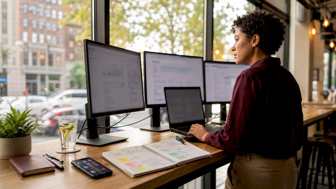 Woman at desk working on SEO analytics