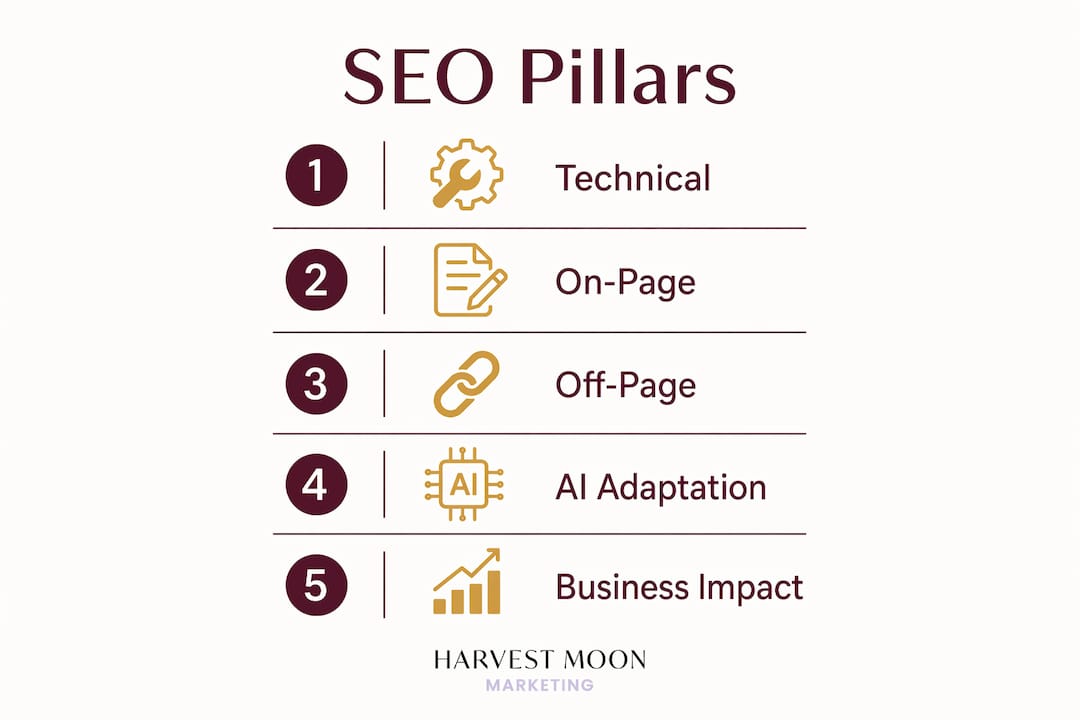 Infographic outlining SEO pillars and impact