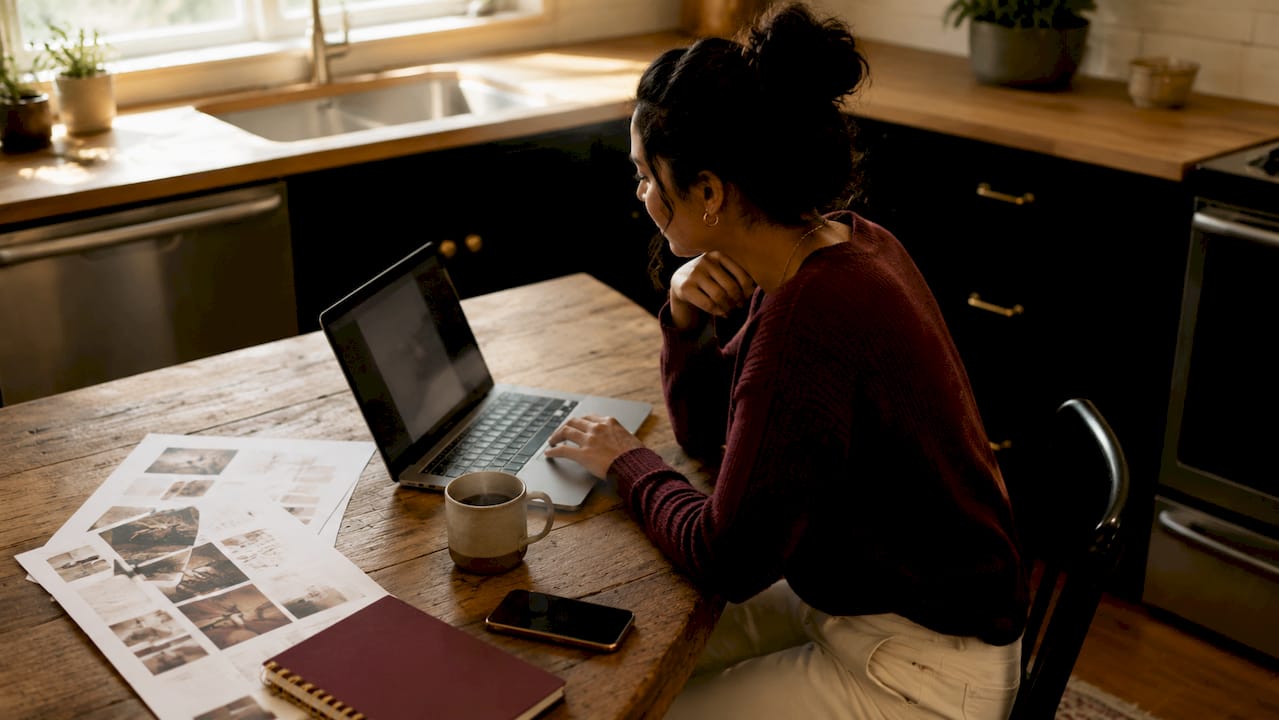 Businesswoman updating Google profile at desk