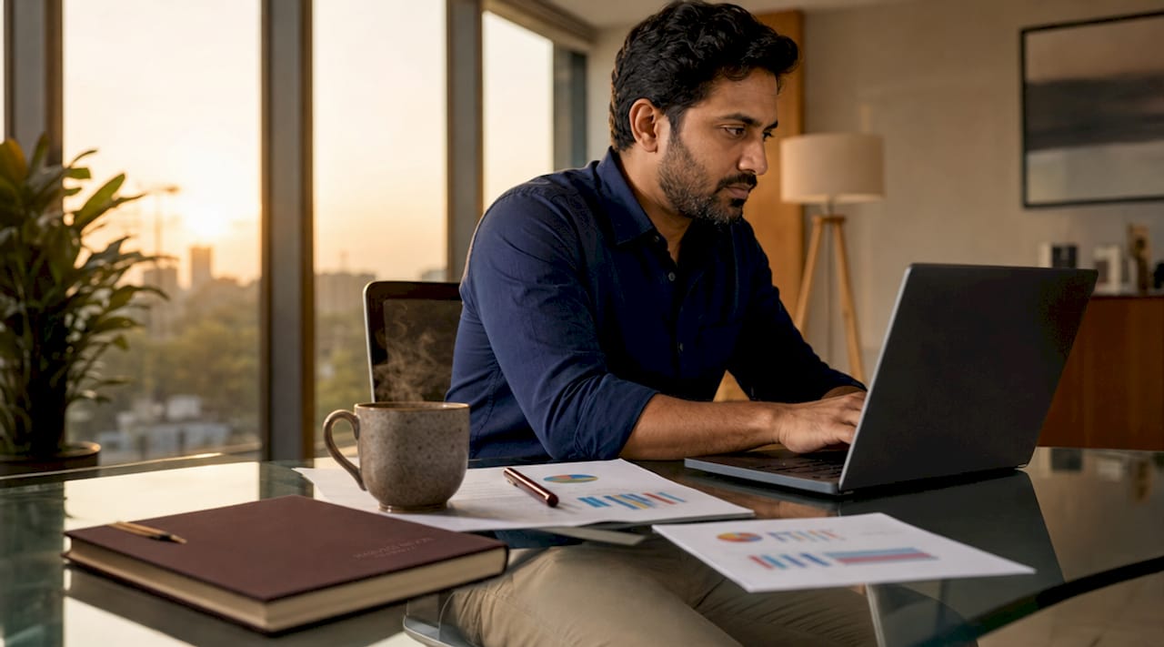 Marketer analyzing PPC auction metrics at home office
