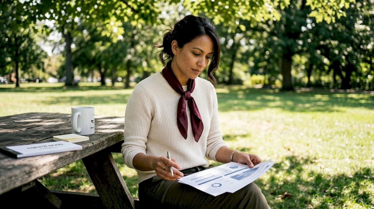 Woman reviewing marketing documents at home office