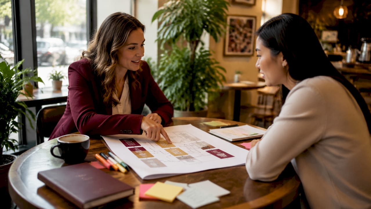 Marketing team discussing funnel stages at desk