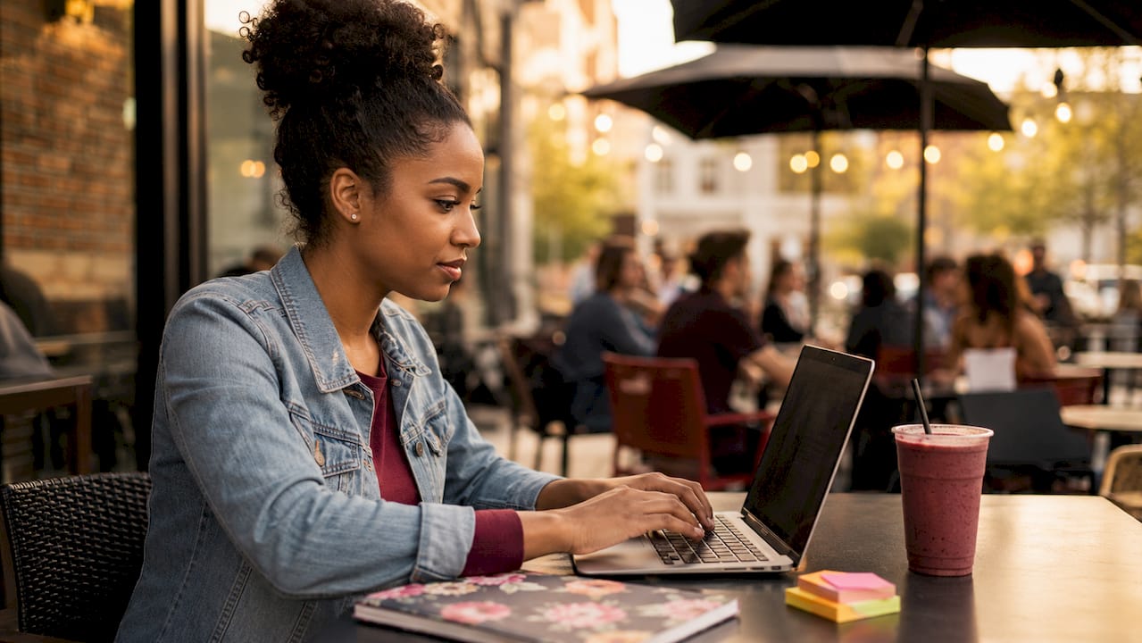 Woman thoughtfully reviewing content on laptop in café