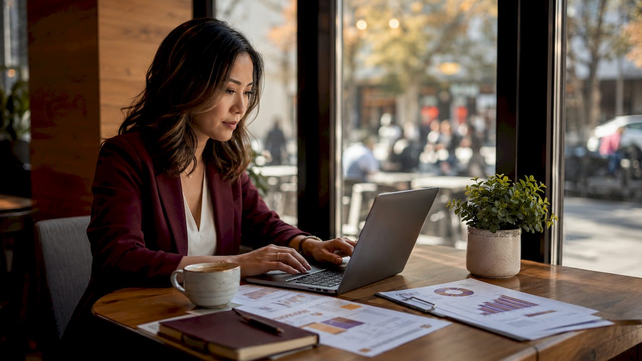 Woman working on SEO content marketing analytics at desk