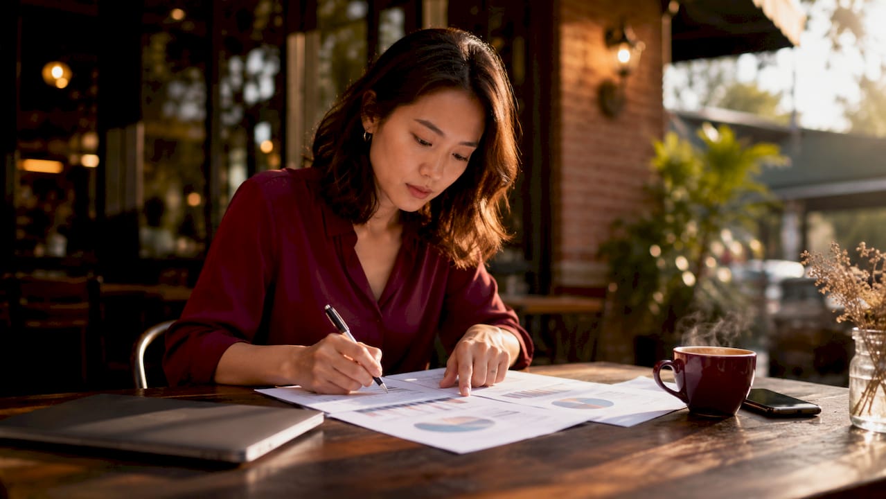 Small business owner planning marketing strategy at café