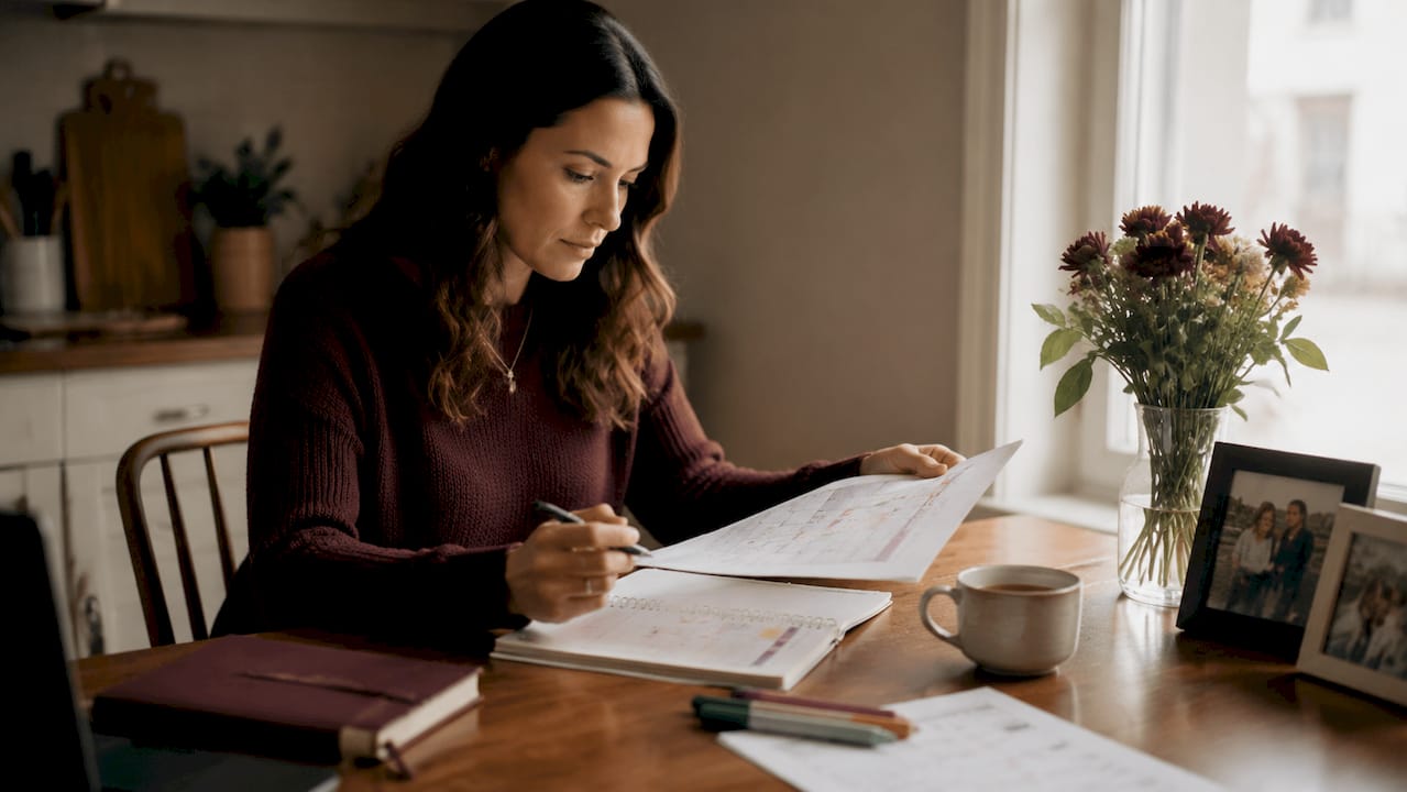 Woman reviewing printed content calendar at desk