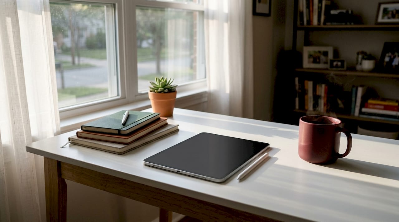 Tablet and workspace for social media bio editing