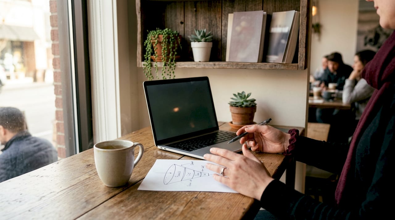 Hands pointing at funnel notes on desk in home office