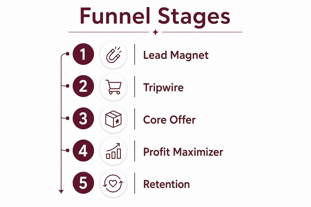 Infographic showing five stages of a digital product funnel