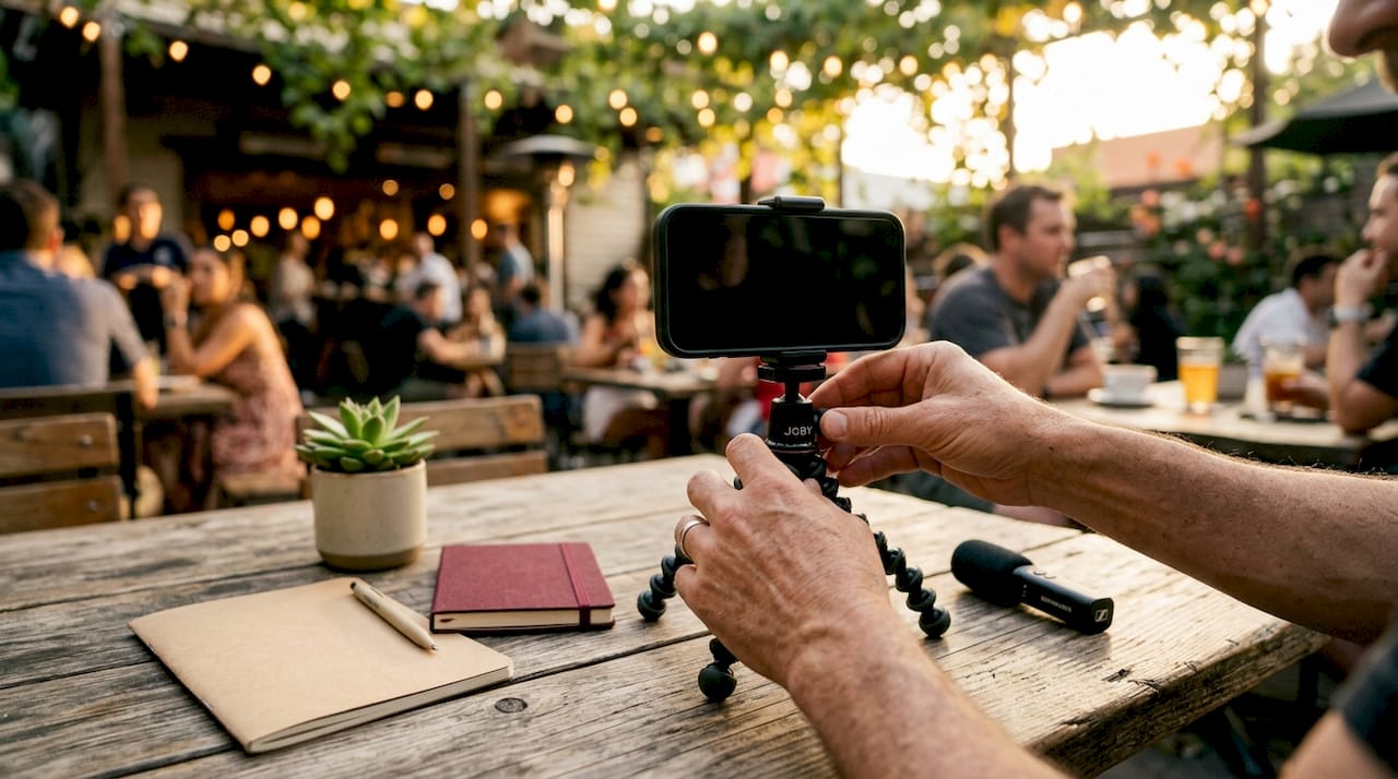 Hands filming video on smartphone in home office