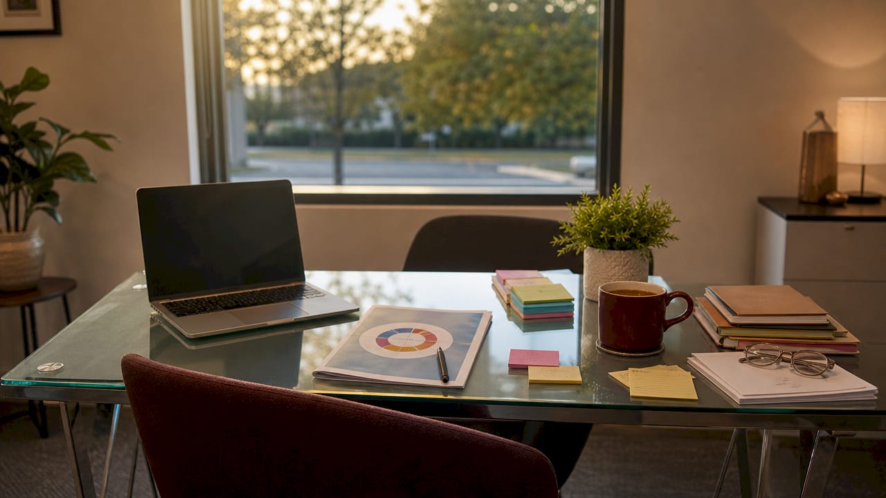 Workspace desk showing health marketing materials