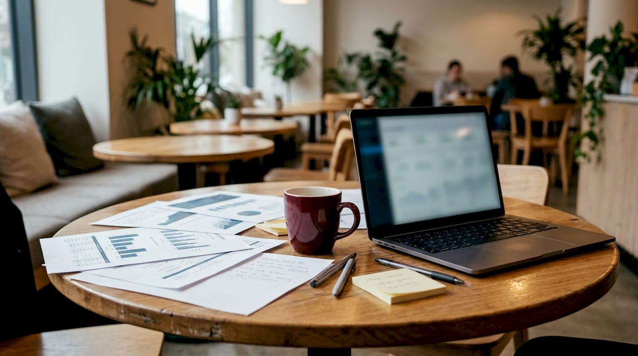 Office desk with marketing reports and tablet