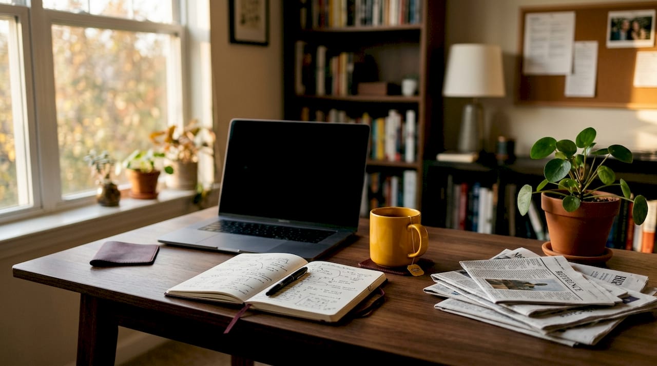 Desk with devices monitoring online reputation