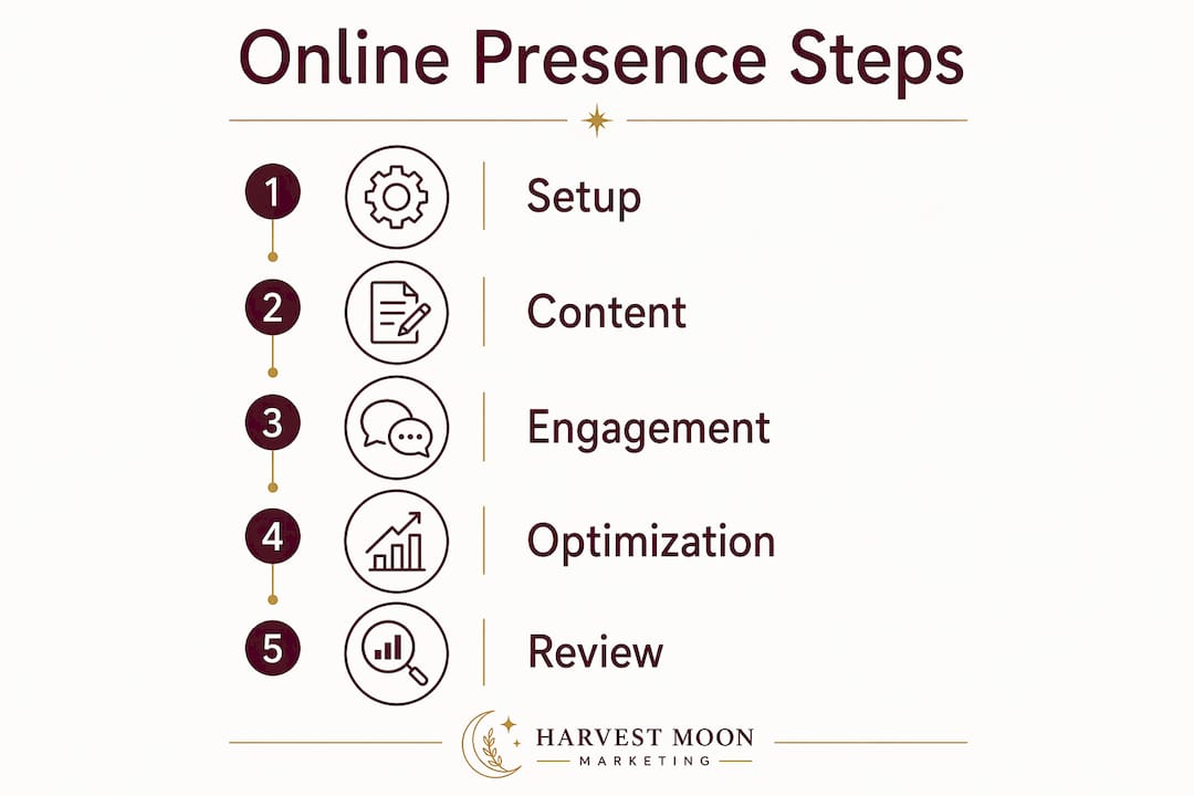 Infographic showing five key steps of online presence development