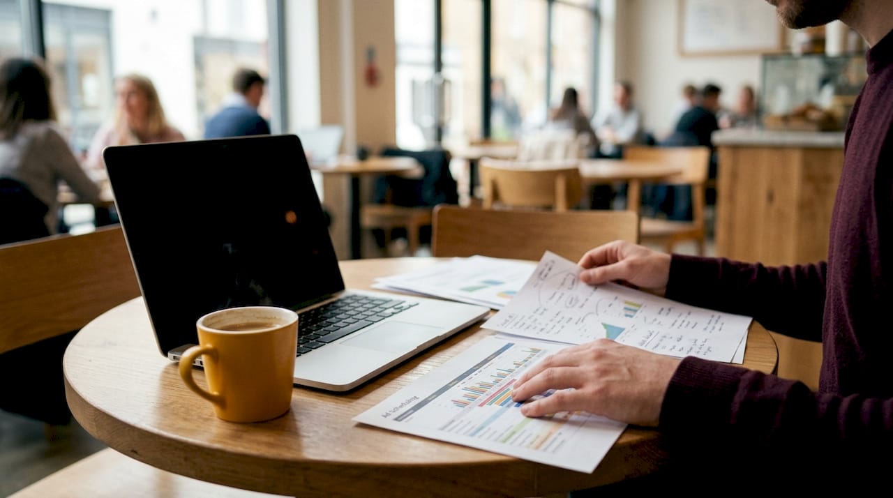Close-up of analyst’s hands reviewing printed ad scheduling data charts