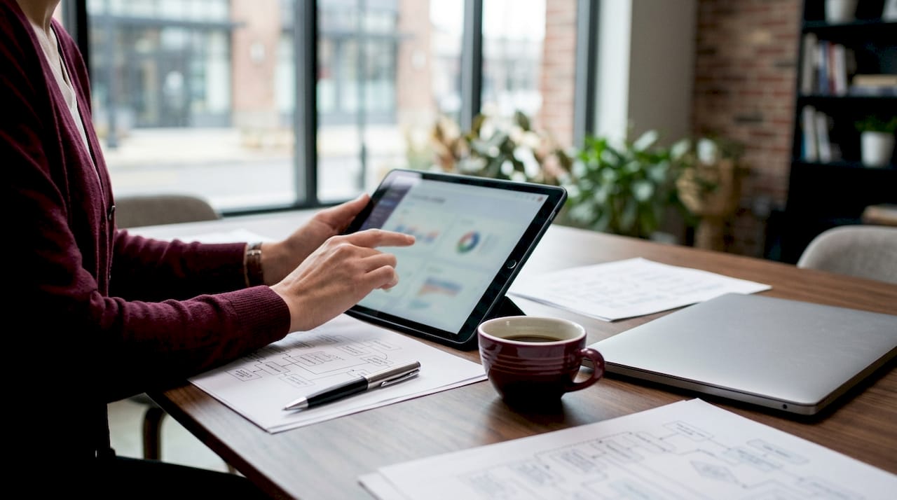 Tablet and documents showing referral tracking work