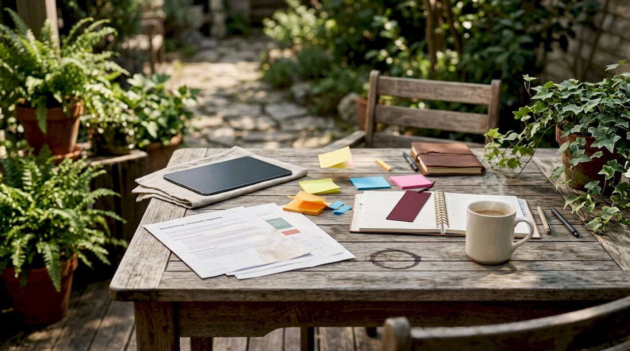 Marketing audit workspace with documents and tablet