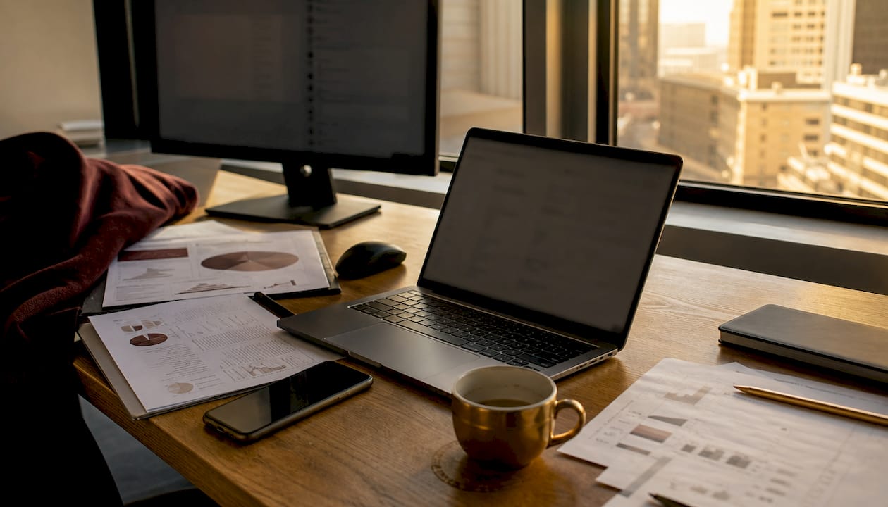 Marketing desk with email campaign dashboards and tools
