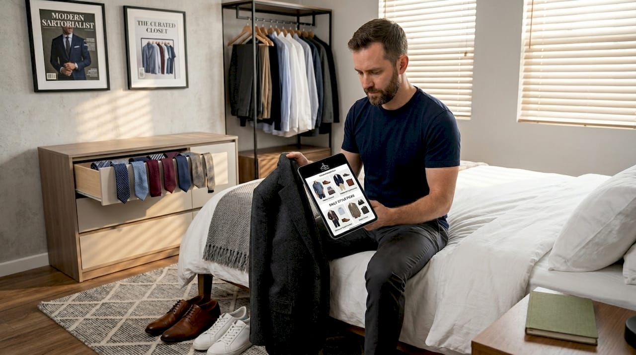 Man uses tablet for AI outfit layering
