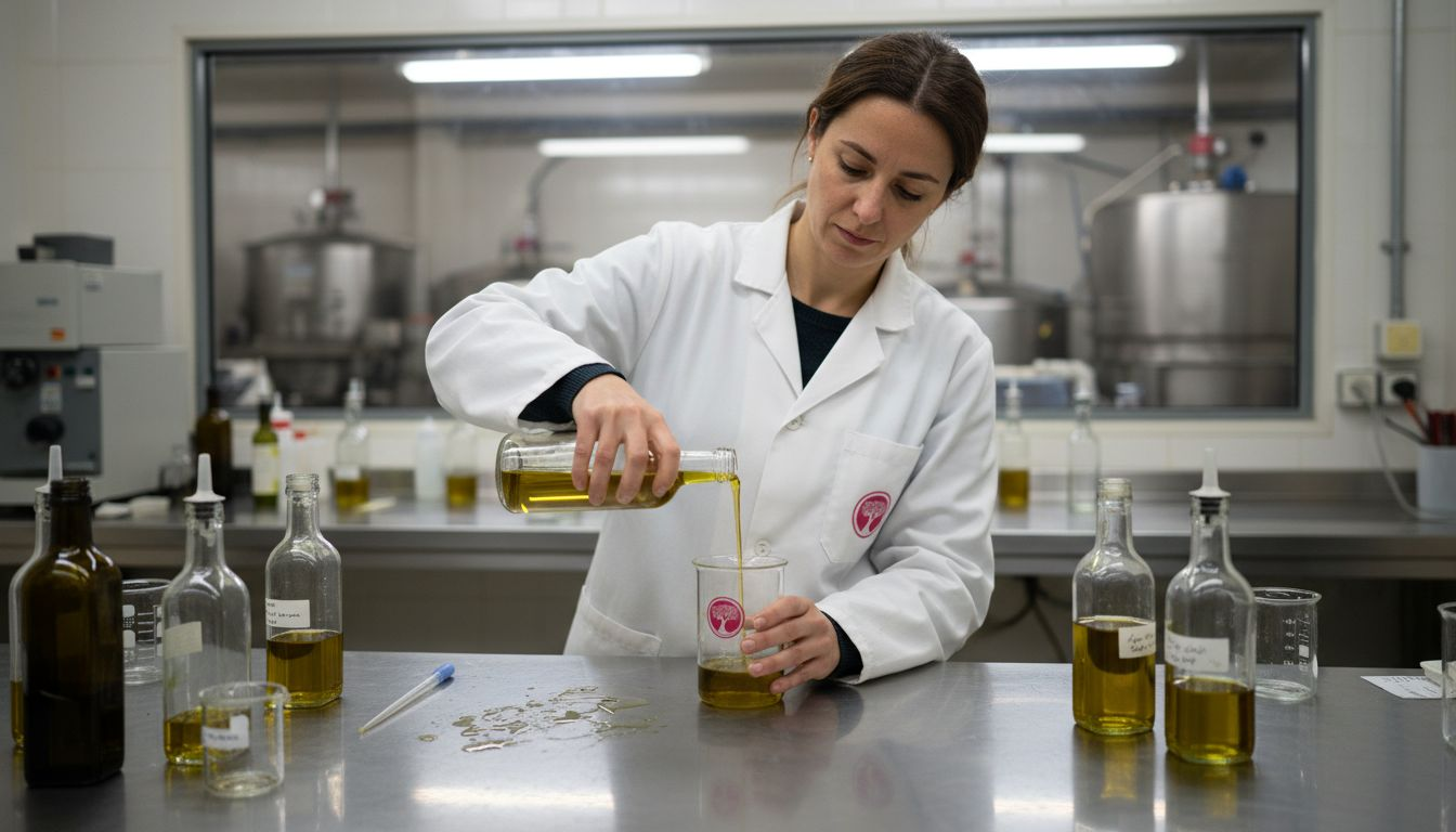 Lab technician testing olive oil samples