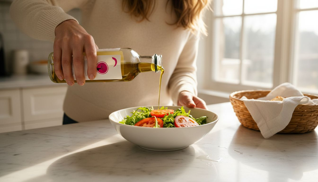 Pouring olive oil on fresh salad