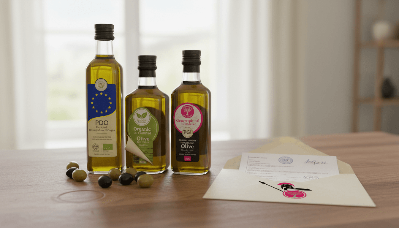 Bouteilles et documents d'huile d'olive biologique certifiée
