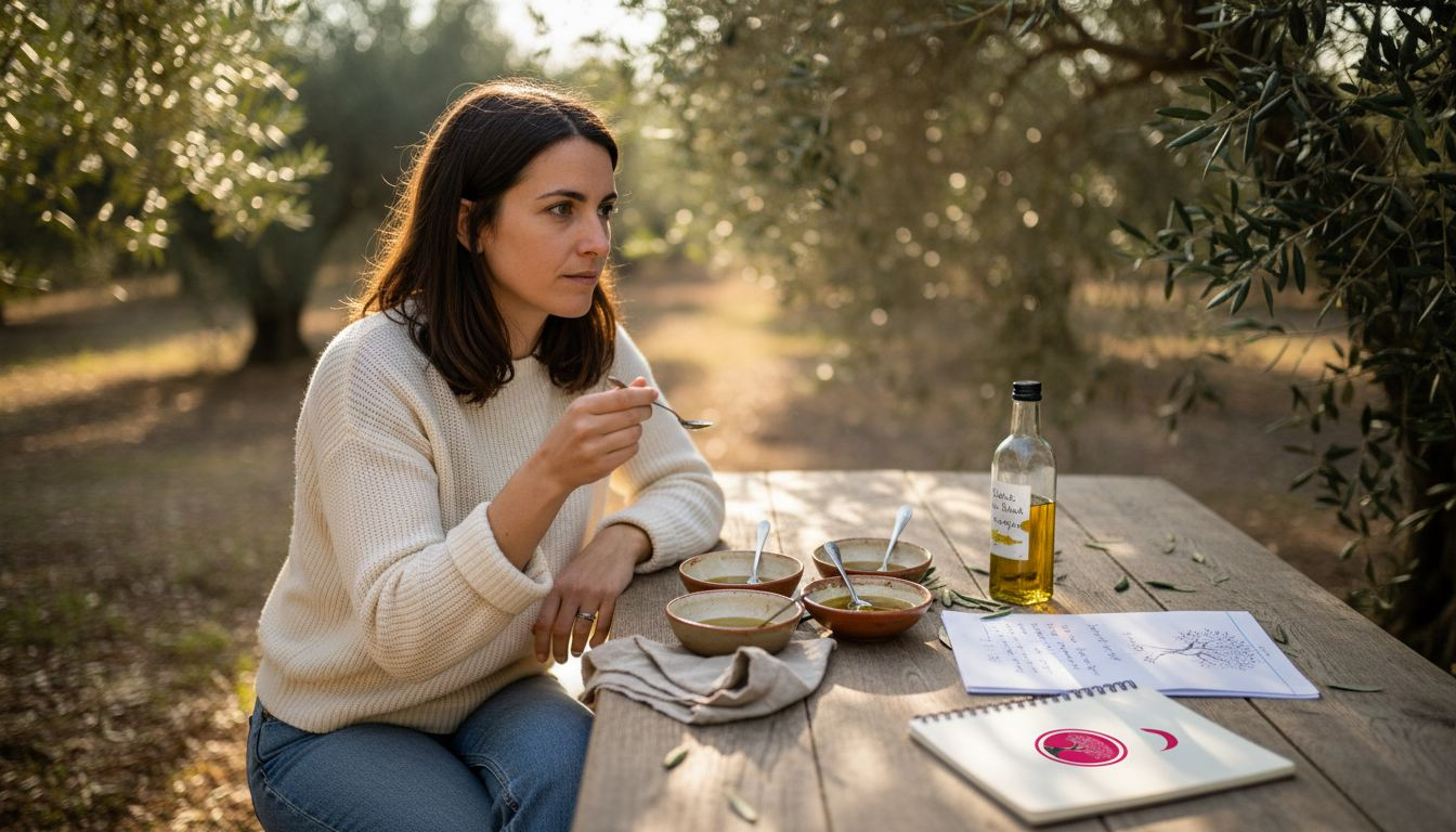Femme dégustant de l'huile d'olive à une table rustique en plein air