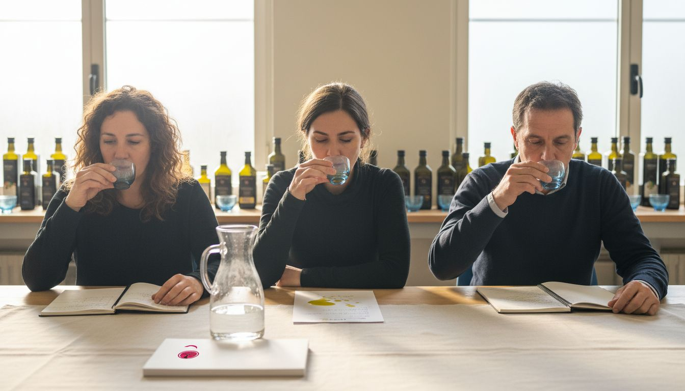 Persone che assaggiano l'olio d'oliva in laboratorio