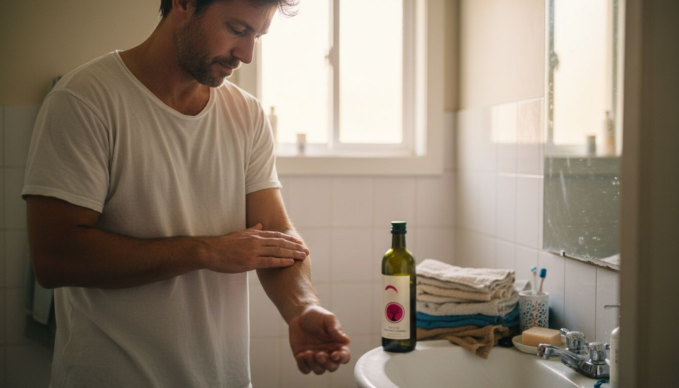 Man gebruikt olijfolie op zijn huid voor verzorging.