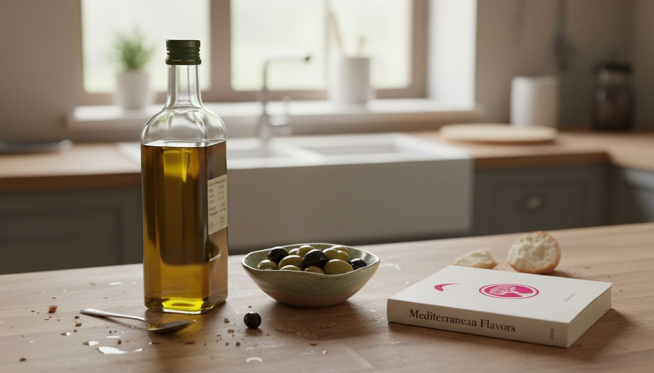 Extra virgin olive oil bottle with olives