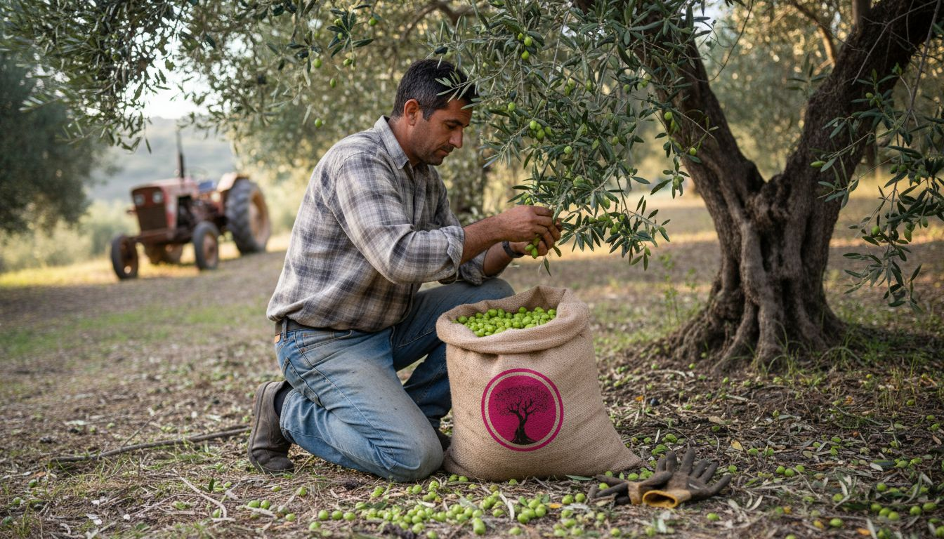 Worker harvesting green olives hillside