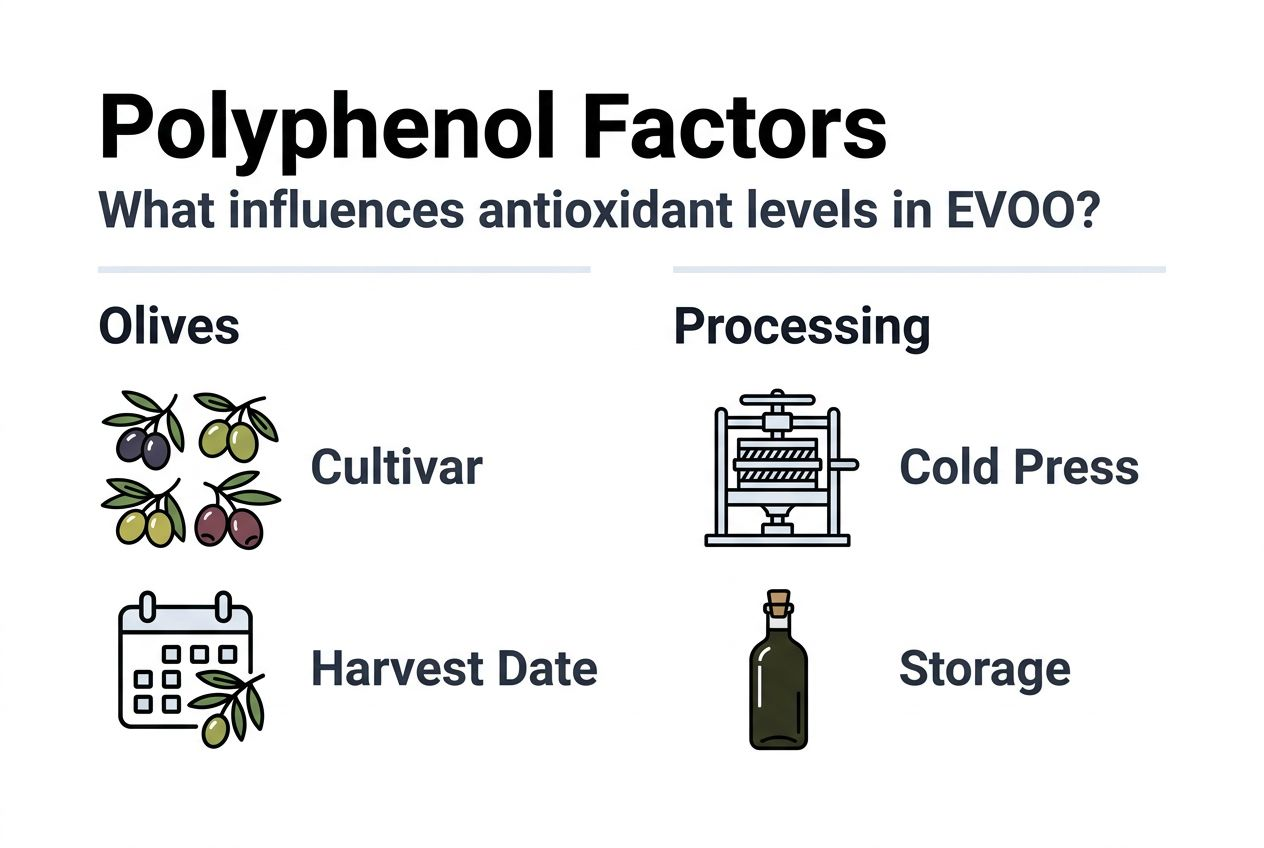 Infographic over factoren die van invloed zijn op de polyfenolen in extra vierge olijfolie.