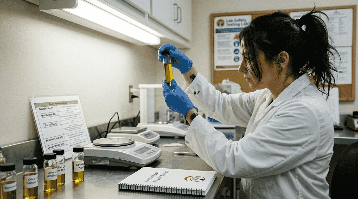 Tecnico di laboratorio che testa l'olio d'oliva per i polifenoli