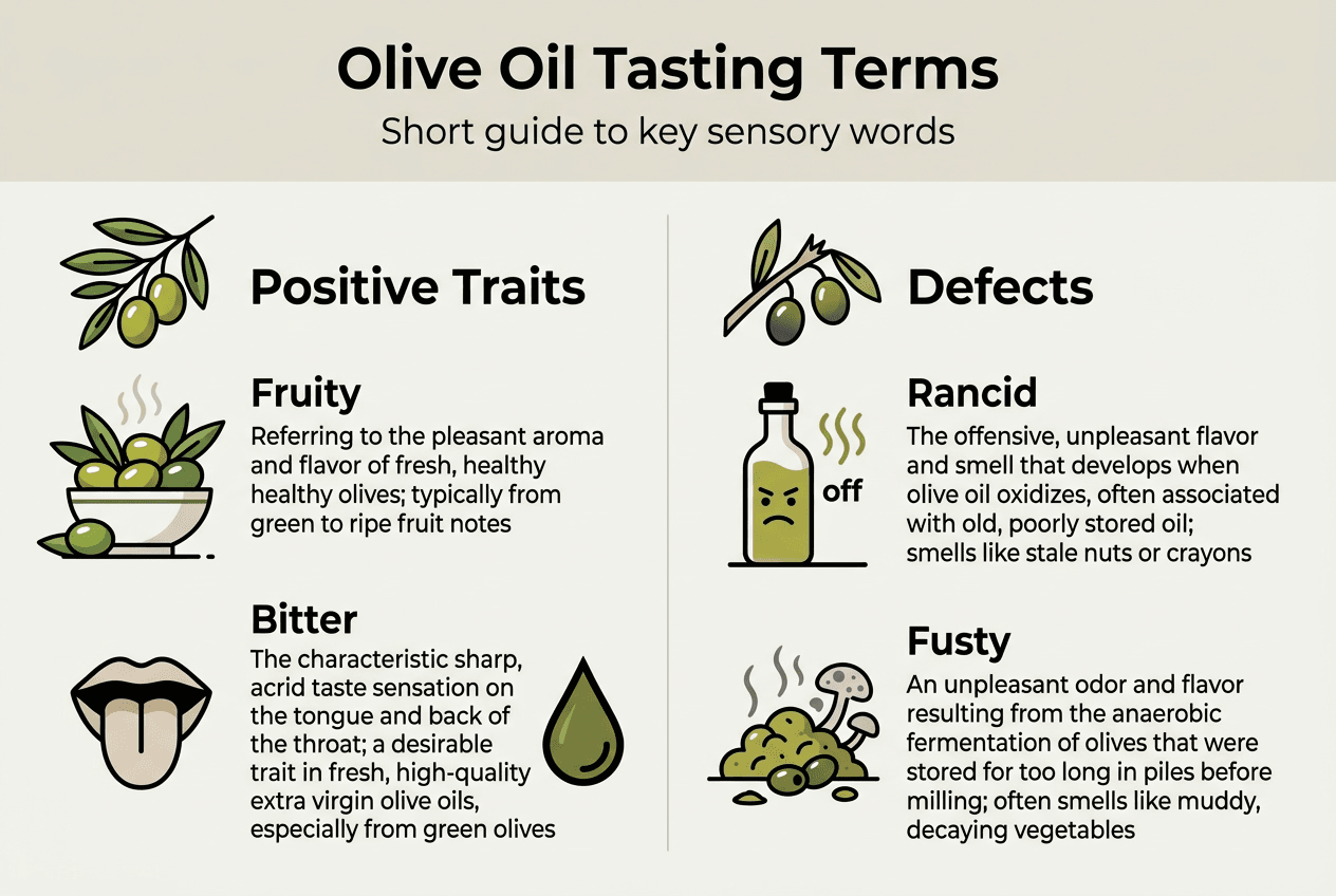 Infographic met termen voor het proeven van olijfolie