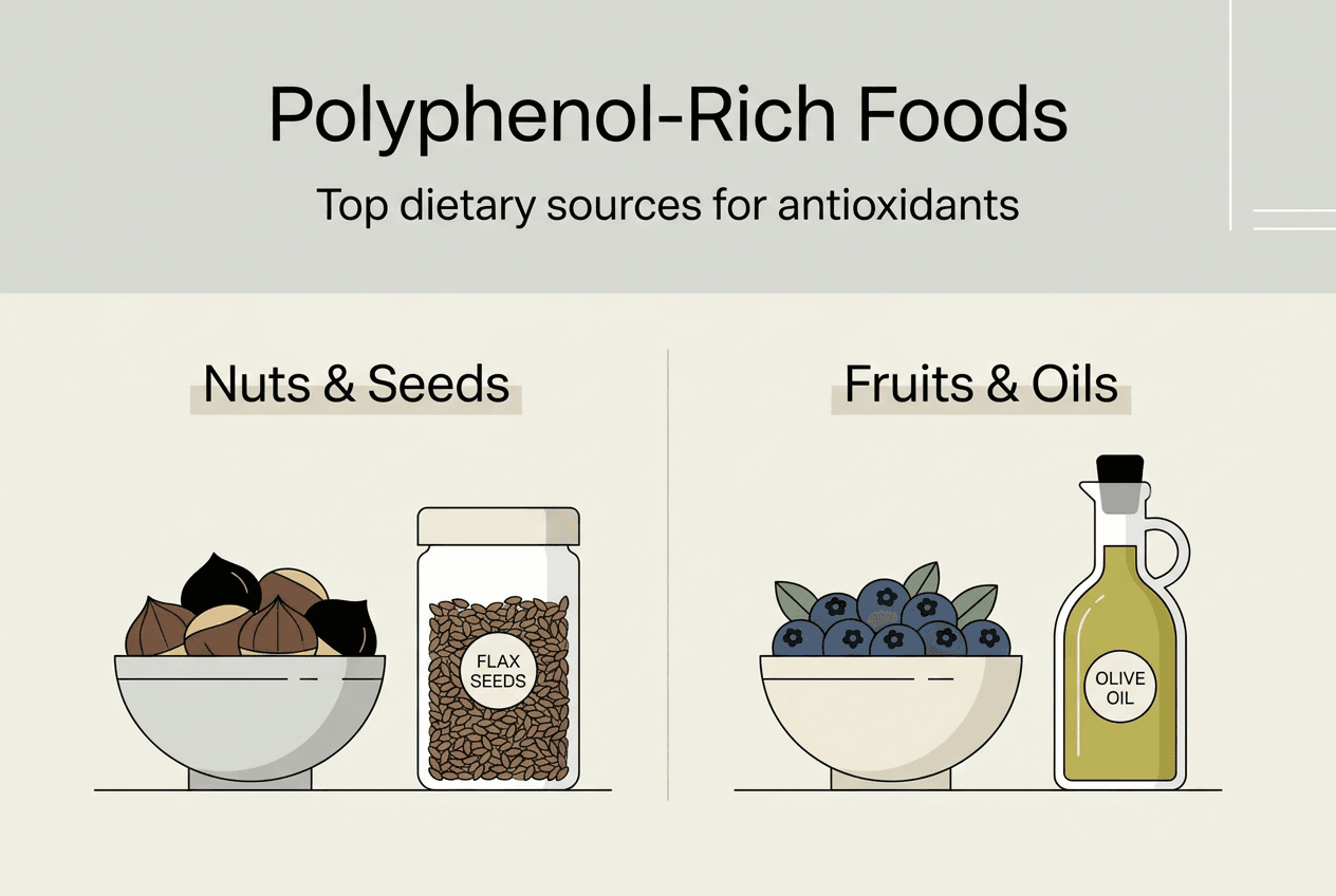 Infográfico das principais categorias de alimentos ricos em polifenóis