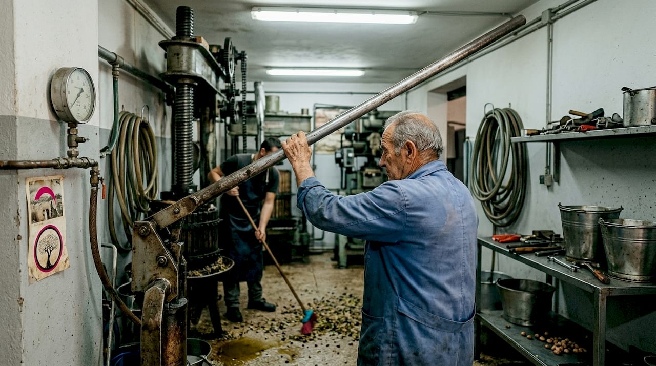 Technici aan het werk in een vroege mechanische olijfoliemolen.