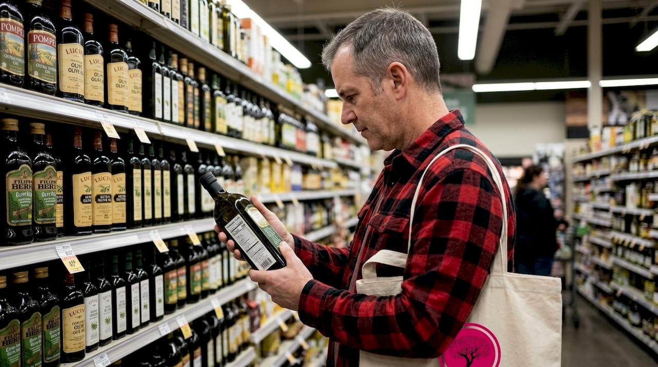 Man leest etiket van olijfolie in supermarkt