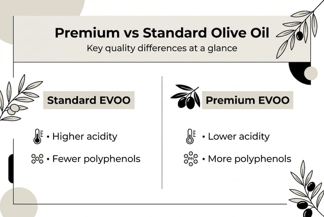 Infographic vergelijkt premium en standaard extra vierge olijfolie.