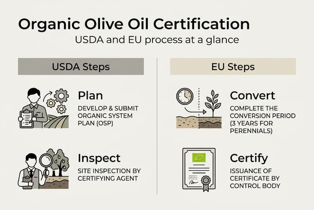 Infographic waarin de certificeringsstappen van de USDA en de EU worden vergeleken.