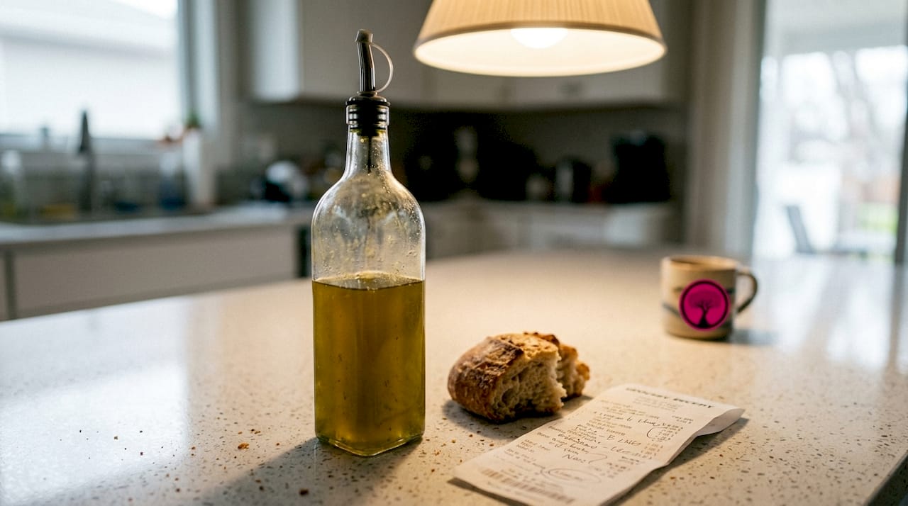 Close-up of cloudy unfiltered olive oil bottle
