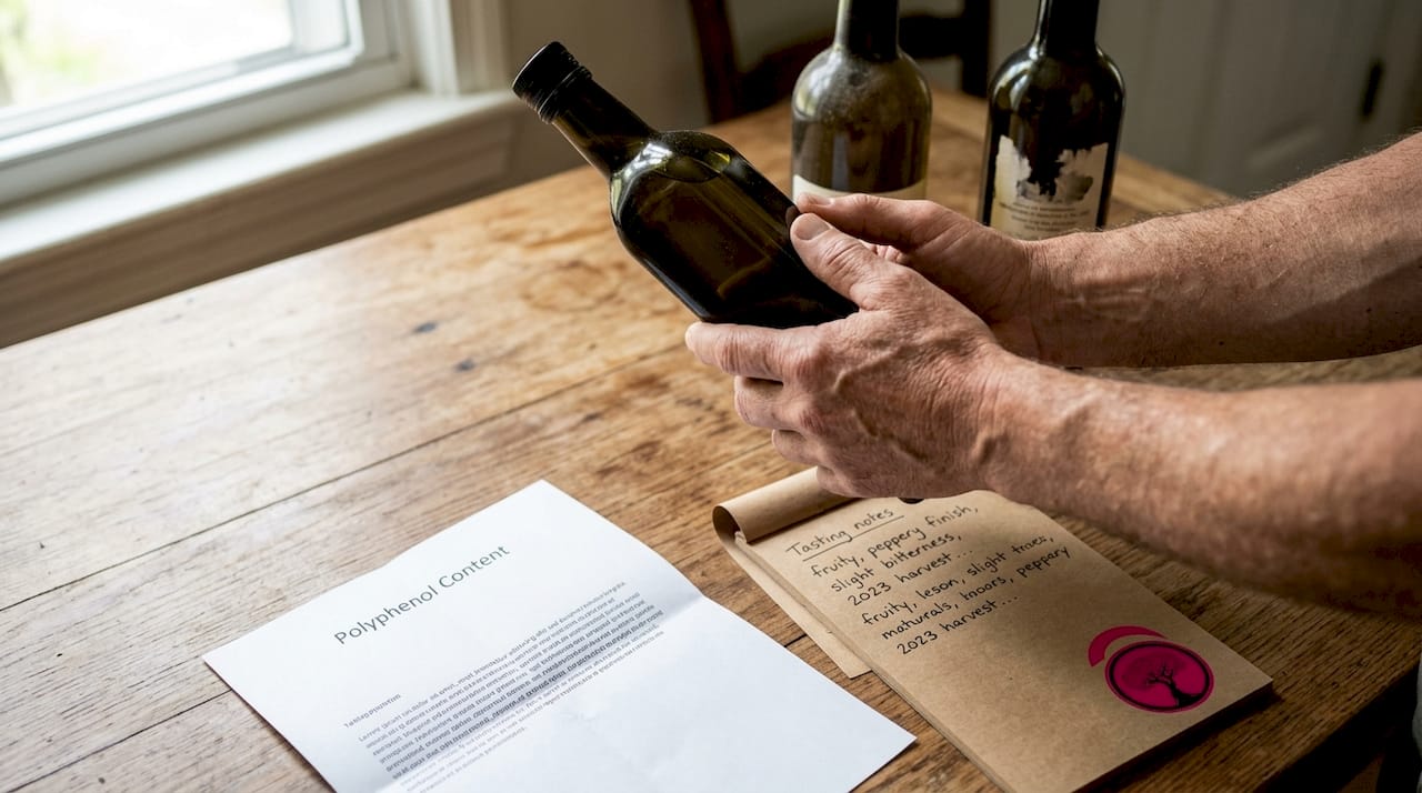 Hands holding olive oil bottle beside polyphenol chart
