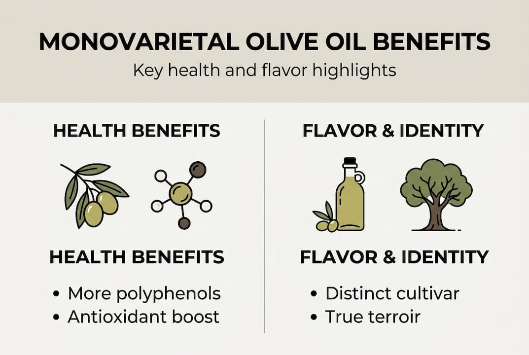 Infographic showing health and flavor benefits of monovarietal olive oil